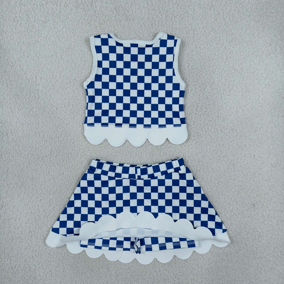Baby Girls Kids Blue Checked Shirt Scallop Bows Skirt Shorts Team Set Yoga Active Clothes RTS