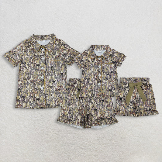 Sibling Baby Girls Adult Women Short Sleeves Camo Bows Buttons Shirts Shorts Pajamas Sets RTS