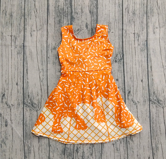 Preorder Baby Girl Sleeveless Drips Summer Orange Knee Length Yoga Active Dress（ No moq）