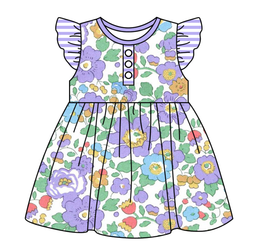 Baby Girl Short Sleeves Flower Purple Sibling Romper Dress Clothes Set ( Moq 5 Each Design )