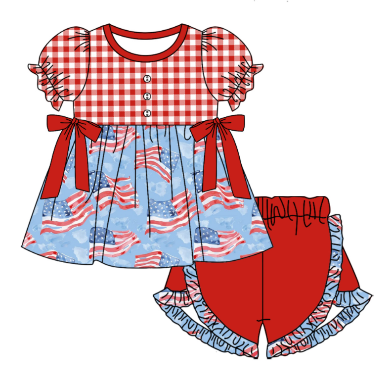 Baby Girl Short Sleeves July 4th Flags Plaid Sibling Romper Dress Clothes Set ( Moq 5 Each Design )11.26