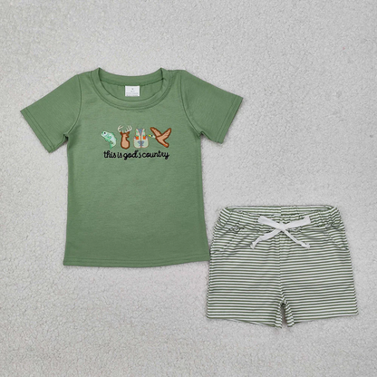 Sibling Baby Boy Girl Short Sleeves Embroidery Ducks Deer Fish Hunting Romper Clothes Set