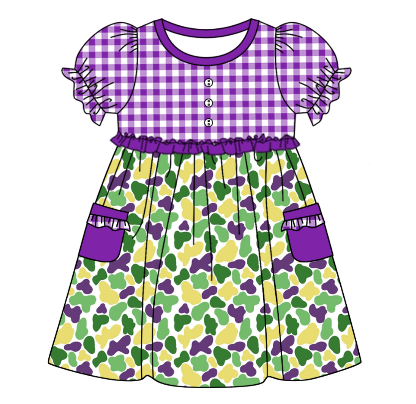 Baby Girl Short Sleeves Mardi Gras Camo Sibling Romper Dress Clothes Set ( Moq 5 Each Design )