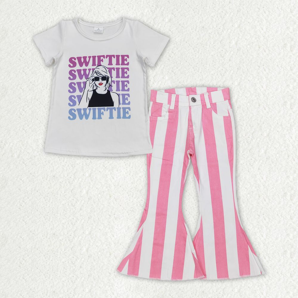 Baby Girl Singer Shirt Pink Stripes Denim Bell Bottoms Pants Set