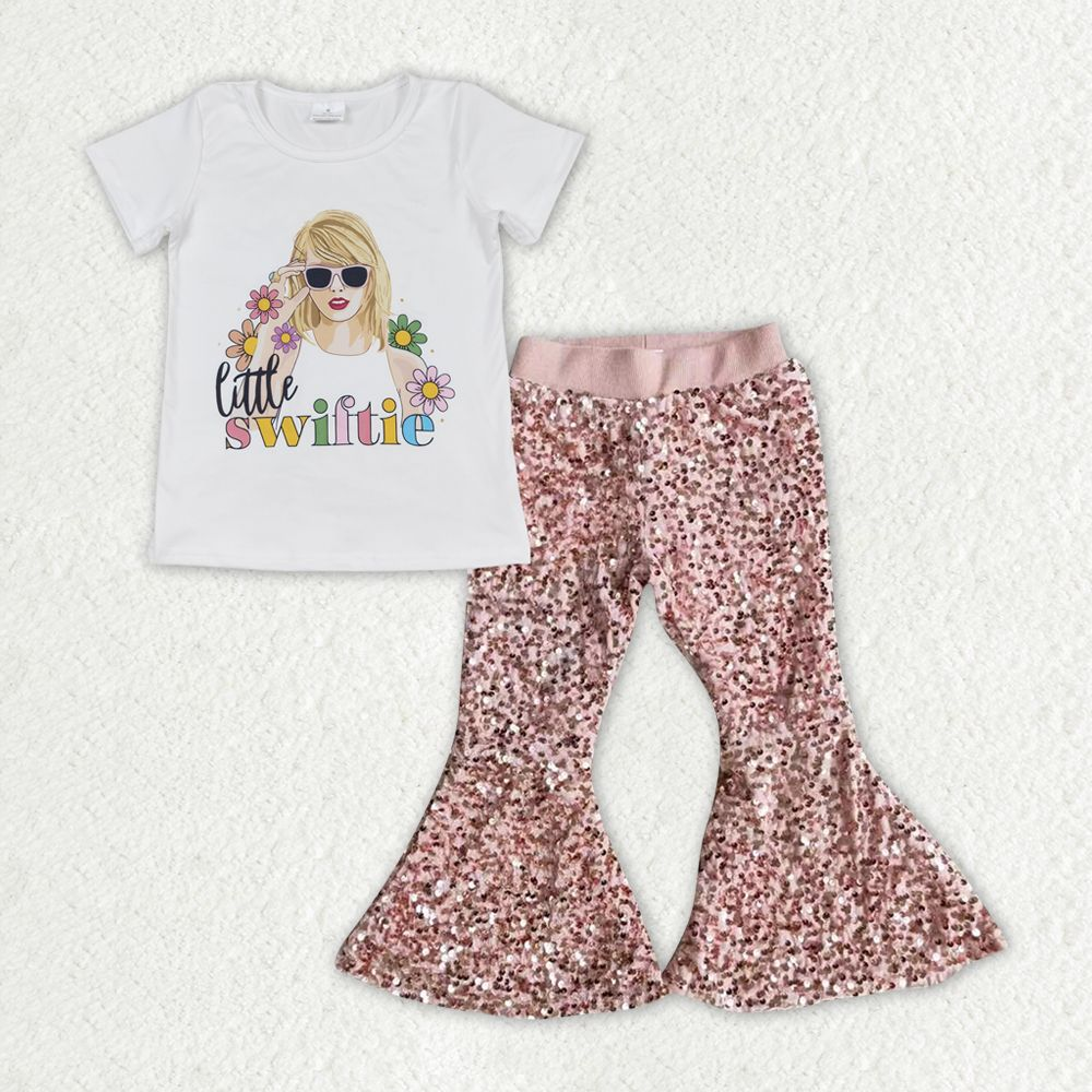 Baby Girl Short Sleeves Singer Flower Shirt Sequins Bell Pants Clothes Set