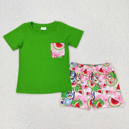 Baby Boy Short Sleeves Green Shirt Dogs Watermelon Shorts Summer Set