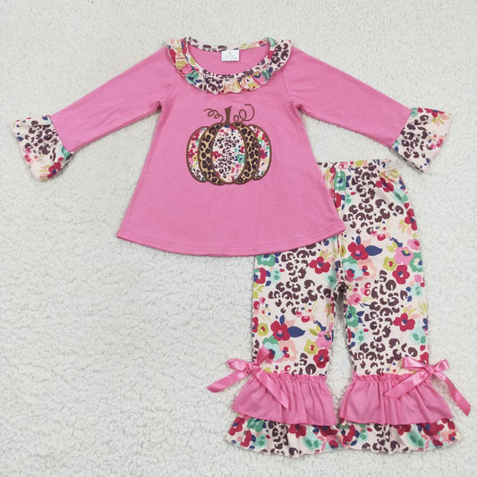 GLP0626 Baby Girl Long Sleeves Embroidery Floral Pumpkin Ruffle Pants Pink Outfit