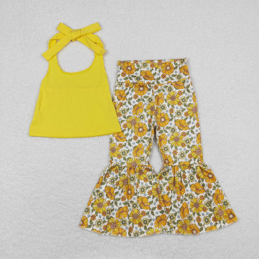 Baby Girl Sleeveless Yellow Tops Floral Bell Pants Set