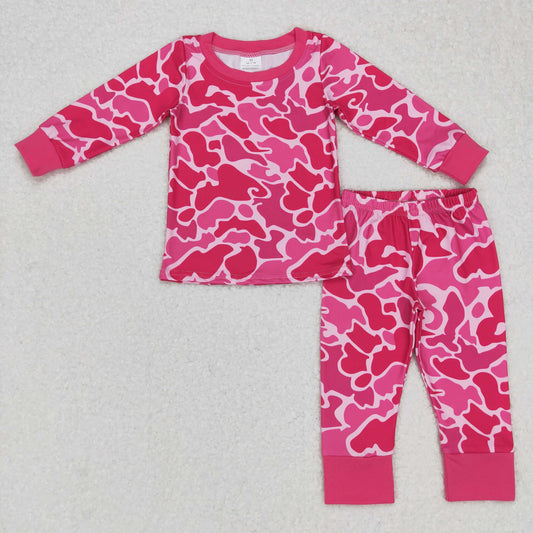 GLP0801 Baby Girl Pink Long Sleeves Camo Leopard Pants Outfit Pajamas