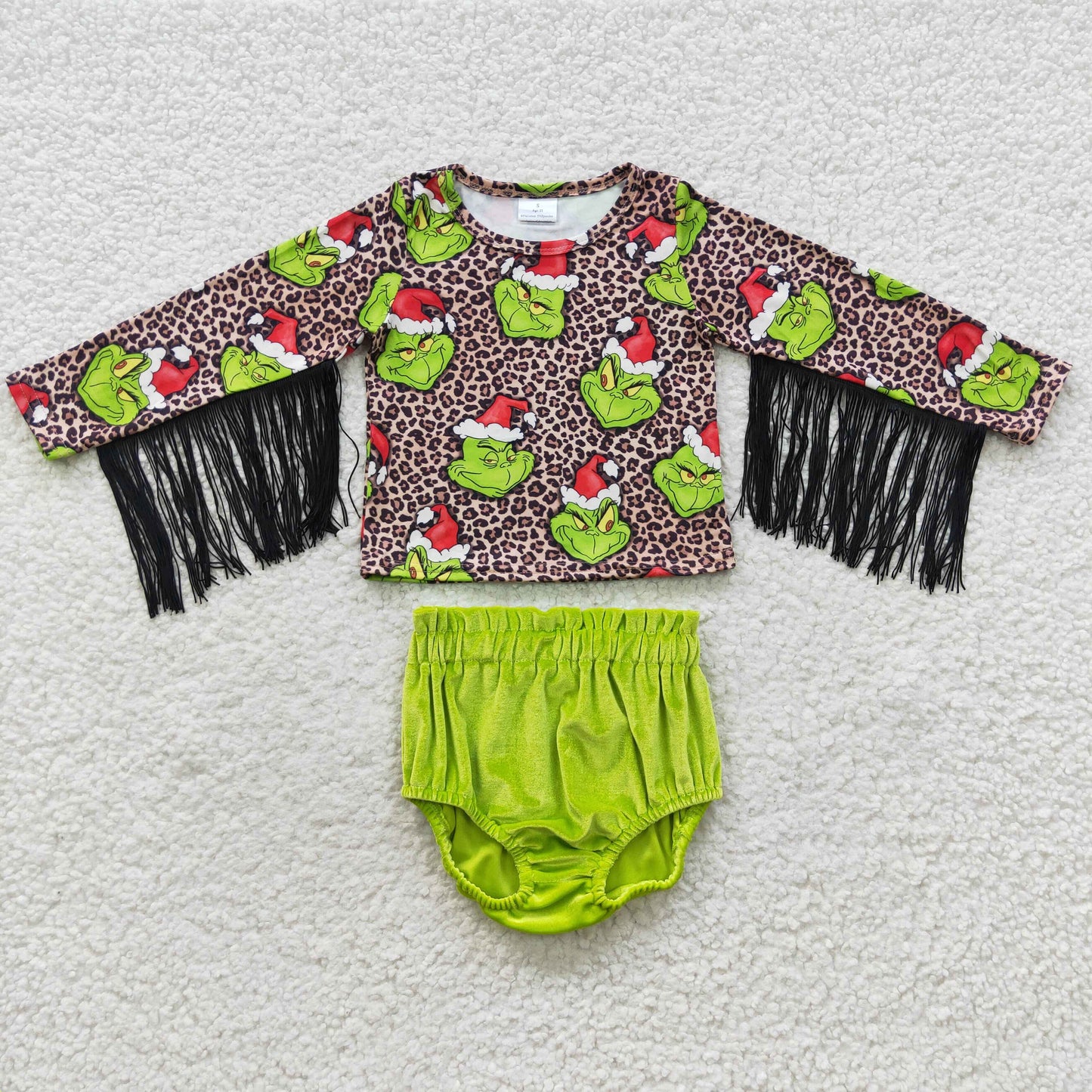 Baby Girl Christmas Leopard Long Sleeves Tassel Green Velvet Bummie Shorts Outfit