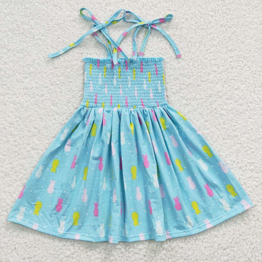 GSD0350 Baby Girl Summer Halter Sleeveless Elastic Smocked Pineapple Dress