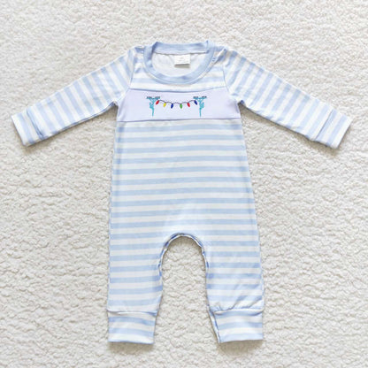 LR0583 Baby Boy Embroidery Christmas Lights Long Sleeves Blue Stripes One Piece Romper