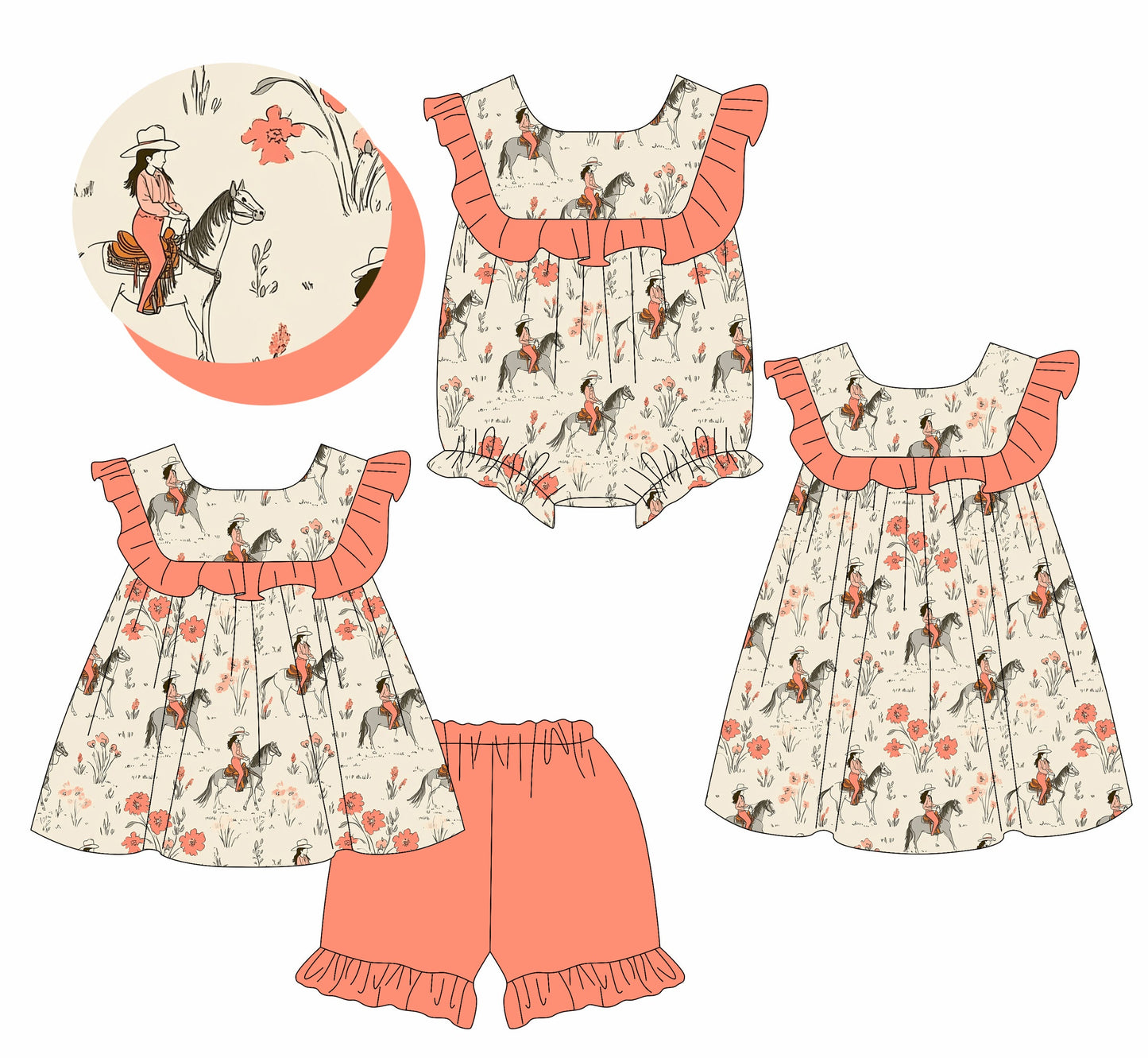 Baby Girl Western Flower Cowgirl Sibling Romper Dress Set ( Moq 5 Each Style ) 3.1