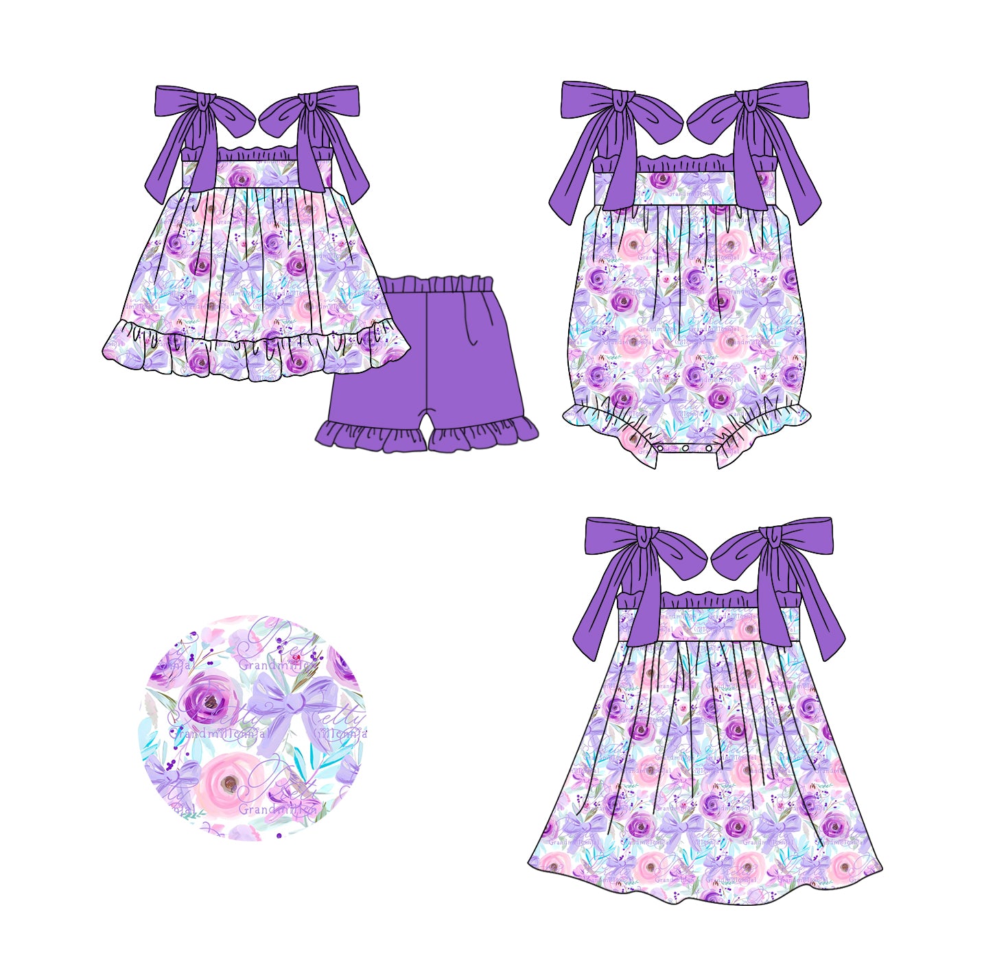 Baby Girl Purple Bows Flower Straps Sibling Romper Dress Clothes Set ( Moq 5 Each Design )11.20
