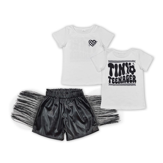 Baby Girl Short Sleeves Little Teenager Shirt Black Leather Shorts Set