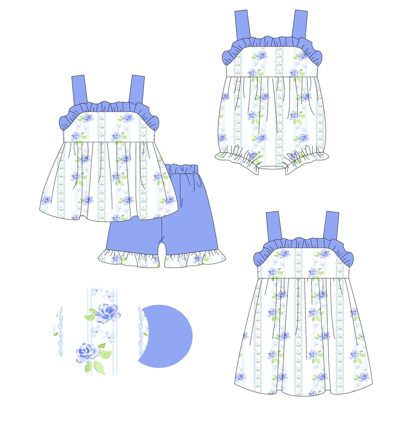 Baby Girl Straps Blue Flower Sibling Romper Dress Set ( Moq 5 Each Style ) 3.6
