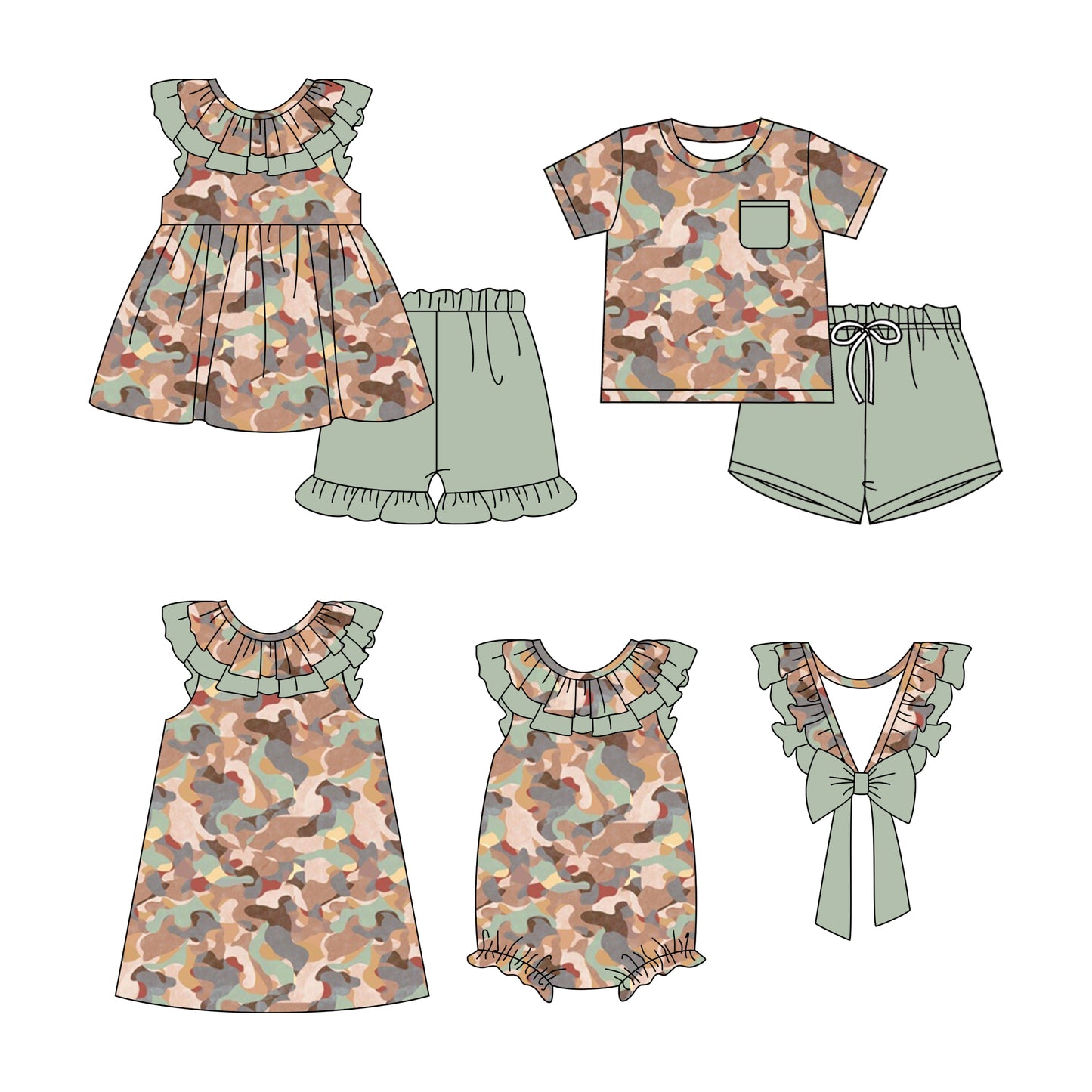Baby Boy Girl Short Sleeves Camo Sibling Dress Romper Clothes Set ( Moq 5 Each style ) 11.28