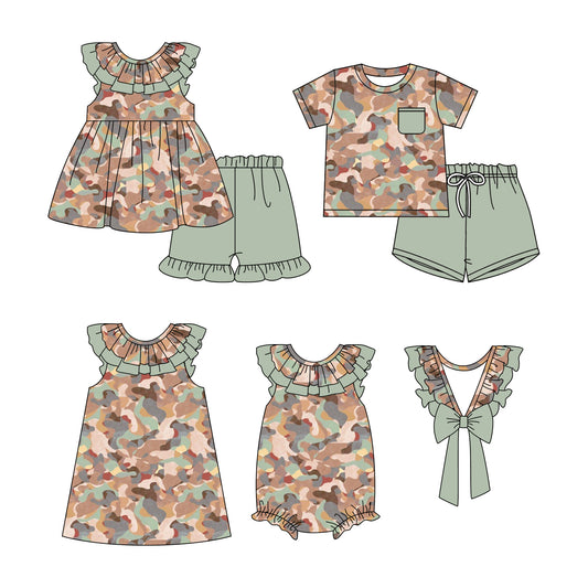 Baby Boy Girl Short Sleeves Camo Sibling Dress Romper Clothes Set ( Moq 5 Each style ) 11.28