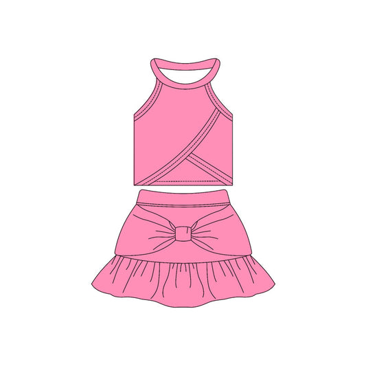 ( Moq 10 ) Baby Girl Pink Sleeveless Vest Bow Ruffle Shorts Skirts Activity Wear Yoga Set
