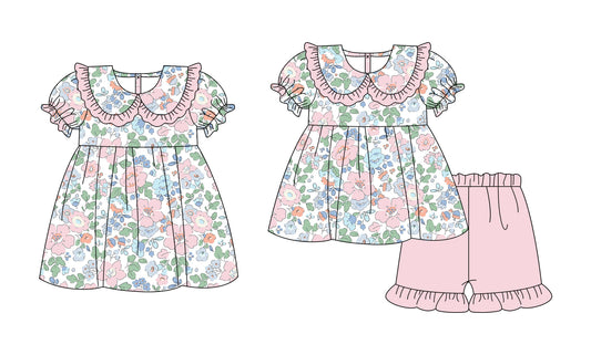 ( Moq 5 Each Style ) Baby Girls Kids Short Sleeves Pink Flower Sibling Summer Dress Set