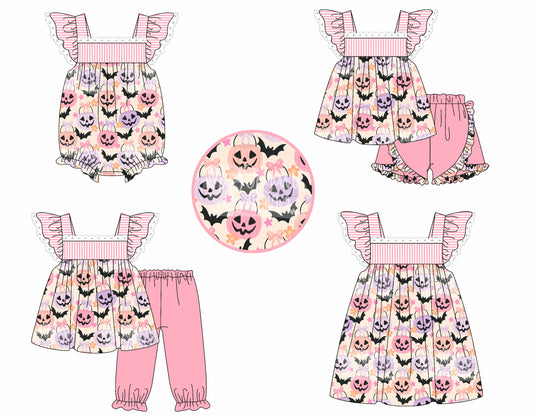 ( Moq 5 Each Style ) Baby Girl Short Sleeves Halloween Pumpkins Bows Sibling Romper Dress Set 4.25