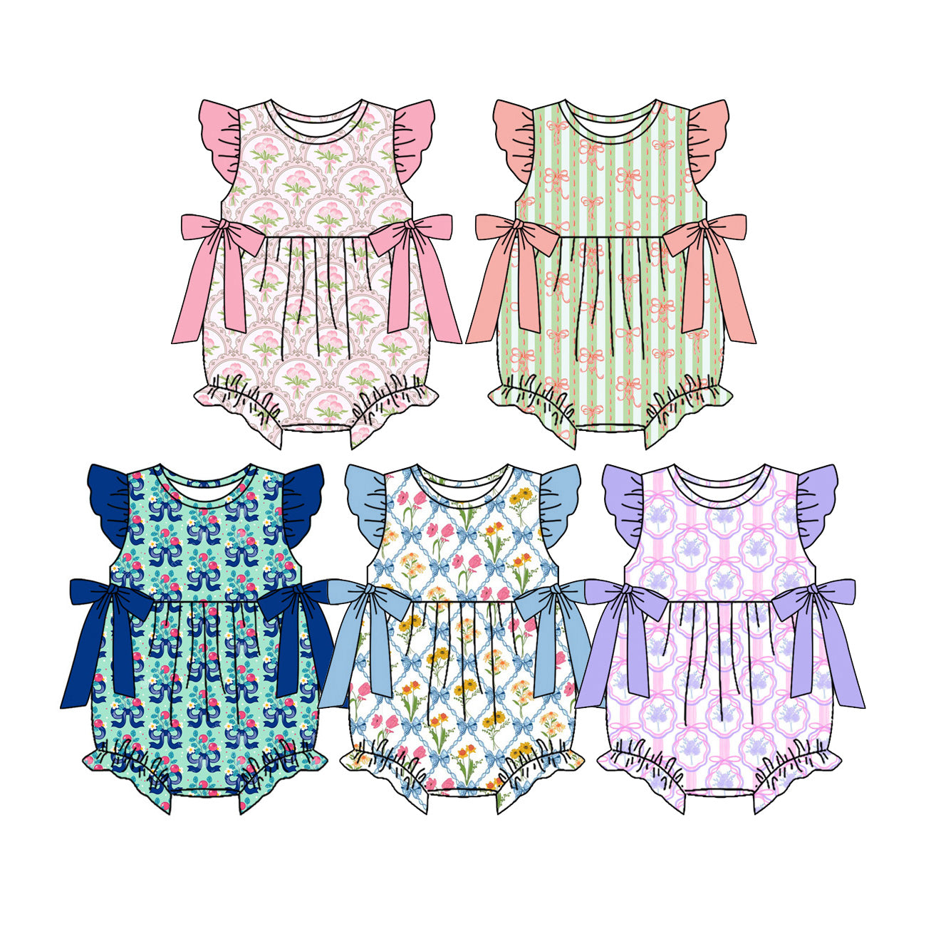 ( Moq 5 Each Style ) Baby Girls Infant Short Sleeves Bows Flower Bubble Rompers Summer Clothes