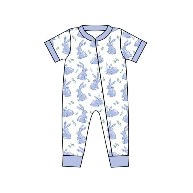 Baby Boy Infant Short Sleeves Blue Rabbit Easter Zipper Romper