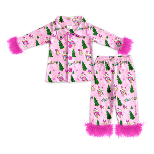 Baby Girl Pink Fur Long Sleeves Shirt Pants Pajamas Christmas Set