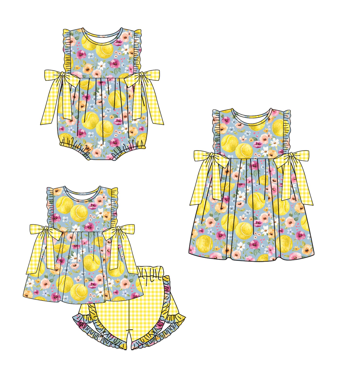 Baby Girl Short Sleeves Flower Softball Sibling Romper Dress Clothes Set ( Moq 5 Each Design )12.6