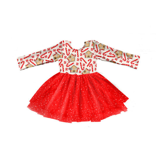 Baby Girl Long Sleeves Christmas Candy Red Tulle Dress