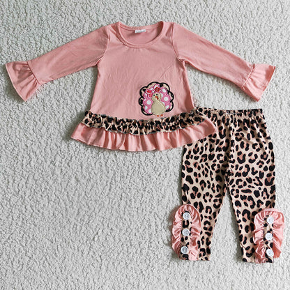 Sibling Girls Toddler Fall Embroidery turkey Tunic Pants Thanksgiving Set Clothes RTS