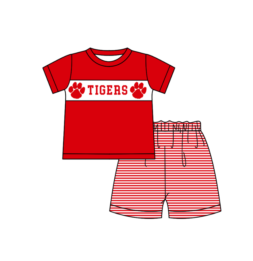 ( Moq 5 ) Baby Boys Toddler Short Sleeves Tigers Shirt Stripes Shorts Team Summer Set