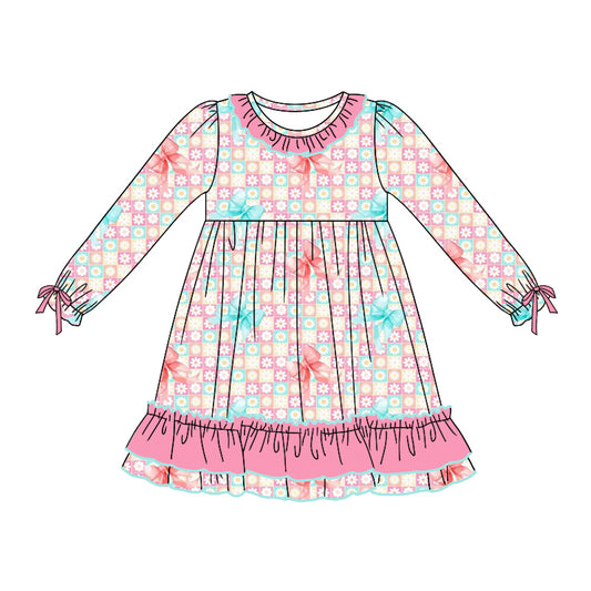 Baby Girl Long Sleeves Flower Bows Plaid Dress