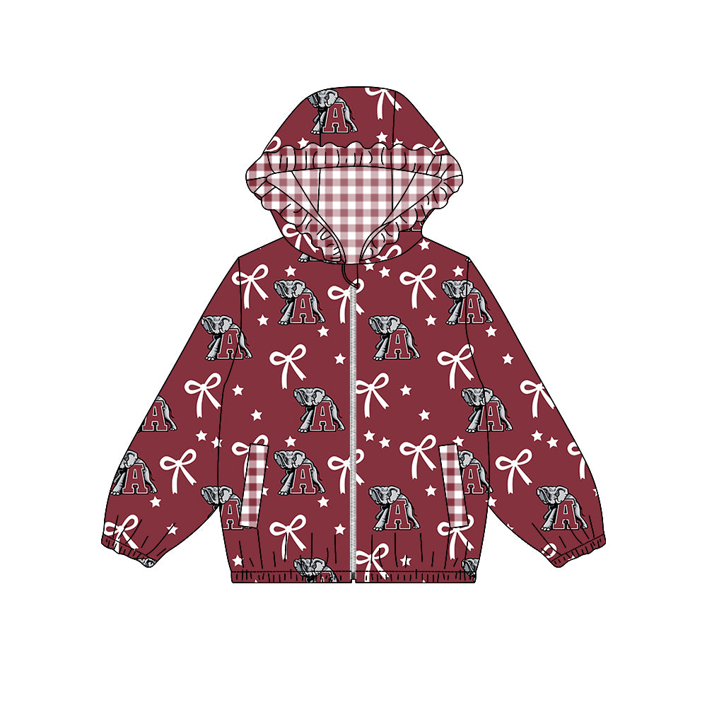 ( Moq 5 ) Custom Baby Girl Kids Bows Pockets Zipper Ruffle Hoodie Elephant Coat Team Tops