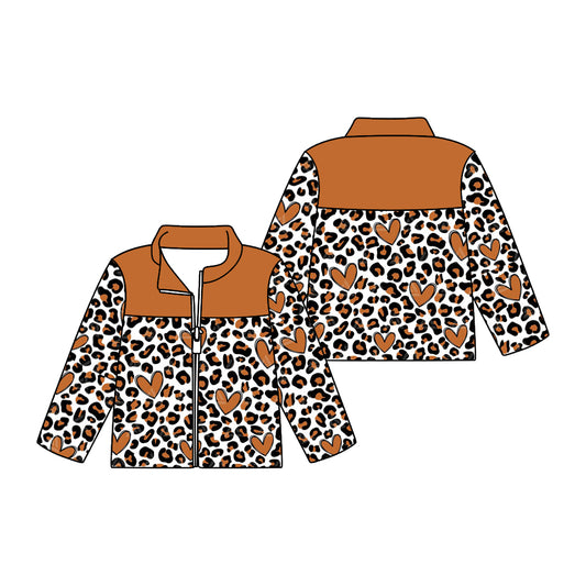 Baby Kids Toddler Valentine Leopard Hearts Zipper Brown Cardigan Tops