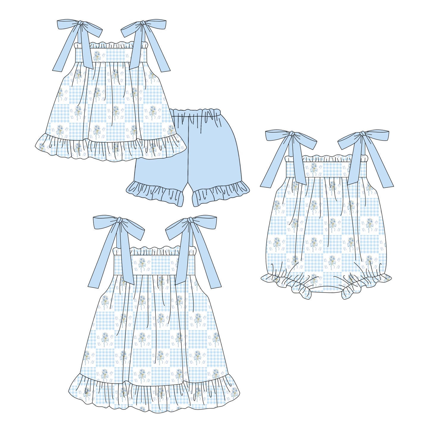 ( Moq 5 Each Style ) Sibling Baby Girls Kids Blue Flower Bows Romper Dress Set Summer Clothes