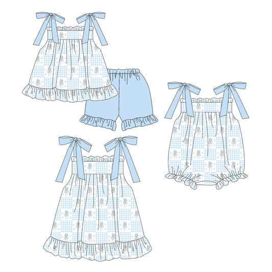 ( Moq 5 Each Style ) Sibling Baby Girls Kids Blue Flower Bows Romper Dress Set Summer Clothes