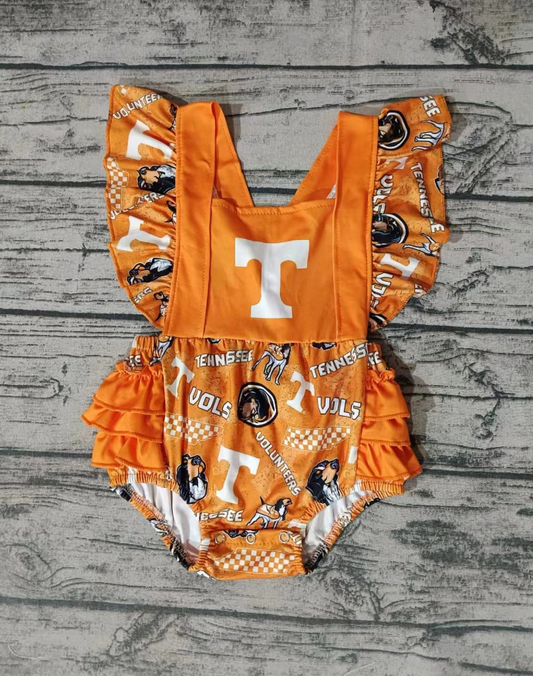 Baby Girl Orange Team Ruffle Dog Romper Moq 5