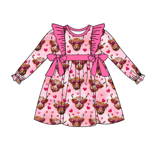 Baby Girl Long Sleeves Valentine Hearts Western Cow Knee Length Dress Moq 5