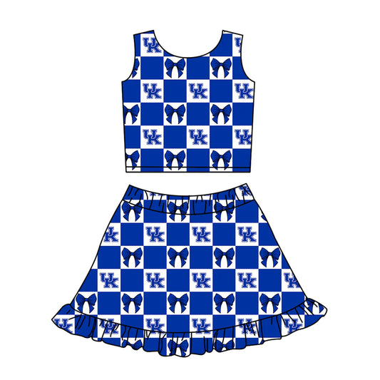 ( Moq 5 Each Style ) Baby Girls Kids Toddler UK Blue Bows Plaid Tops Shorts Ruffle Skirt Team Set