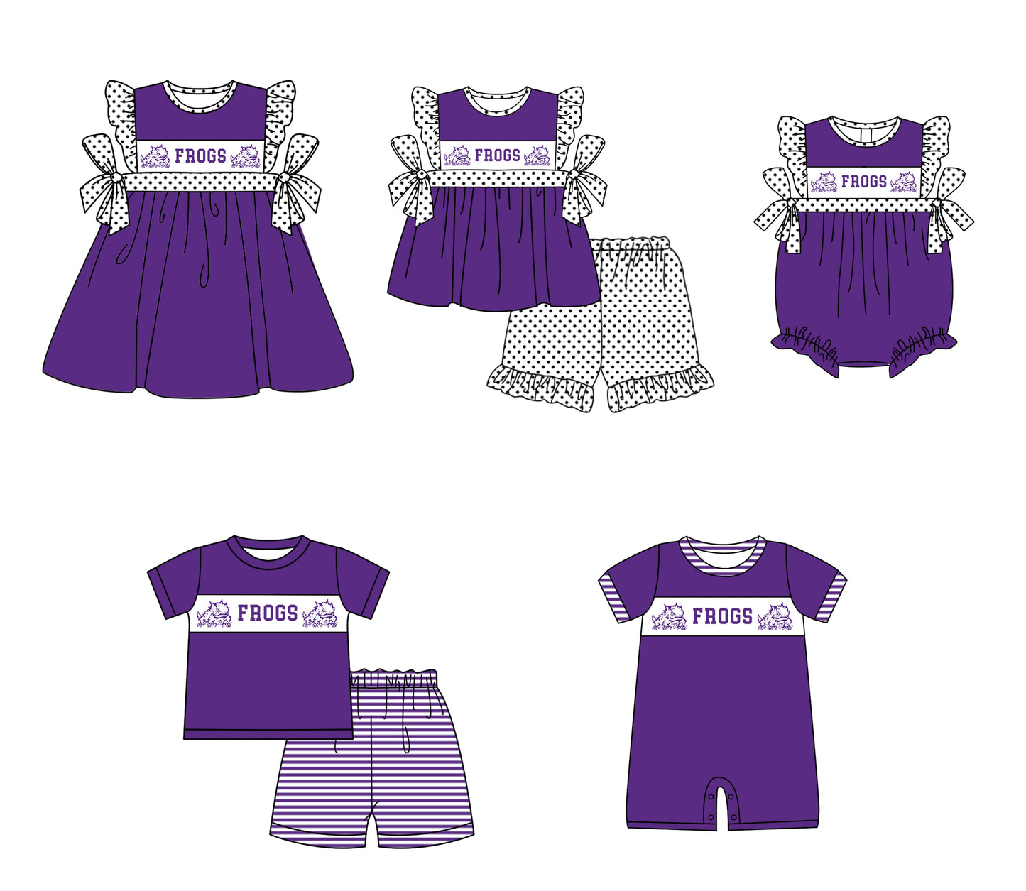( Moq 5 Each Style ) Baby Boys Girls Kids Short Sleeves Team Sibling Purple Romper Dress Set