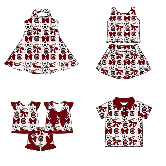 ( Moq 5 each style ) Baby Girl Toddler Team Red Bows Soccer‌ Sibling Shirt Dress Set