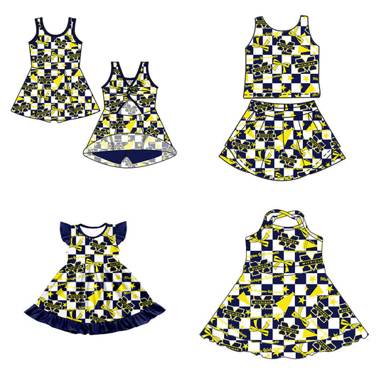 ( Moq 5 each style ) Baby Girl Toddler Team M Yellow Bows Cheer Sibling Checked Dress Set 6.30