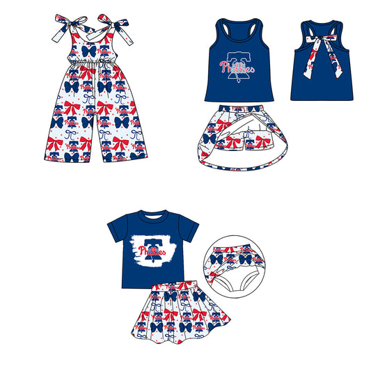 ( Moq 5 each style ) Baby Girl Toddler Team Red Blue Bows Sibling Jumpsuit Set 6.16