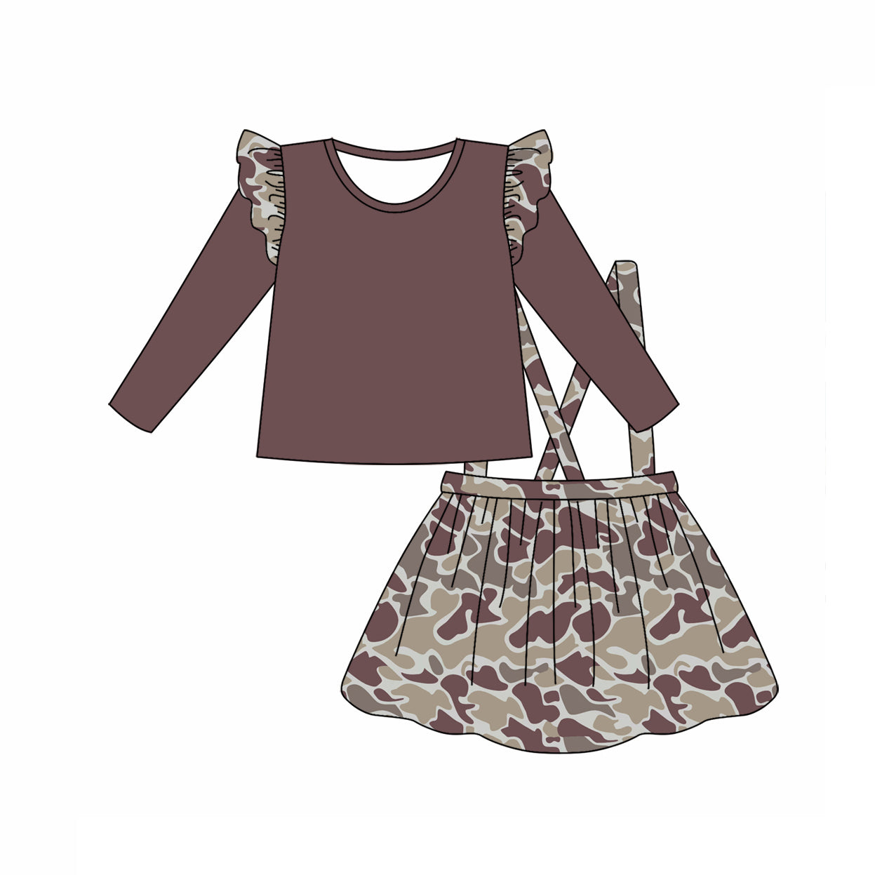 Baby Girl Ruffle Shirt Grey Camo Suspender Skirt Clothes Set