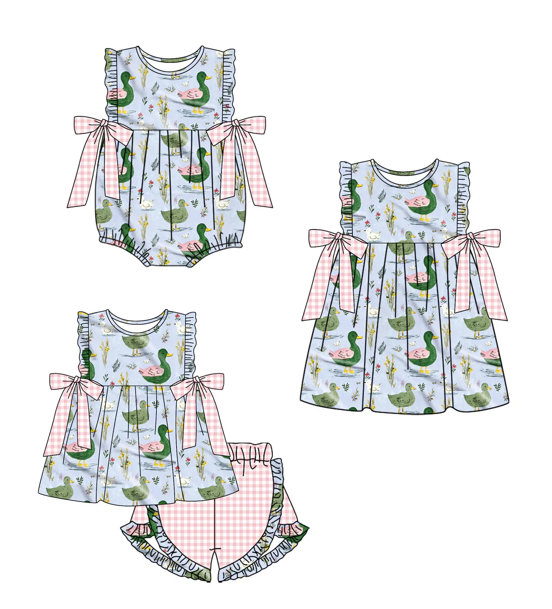 ( Moq 5 Each Style ) Baby Girls Kids Ducks Bows Sibling Romper Dress Set