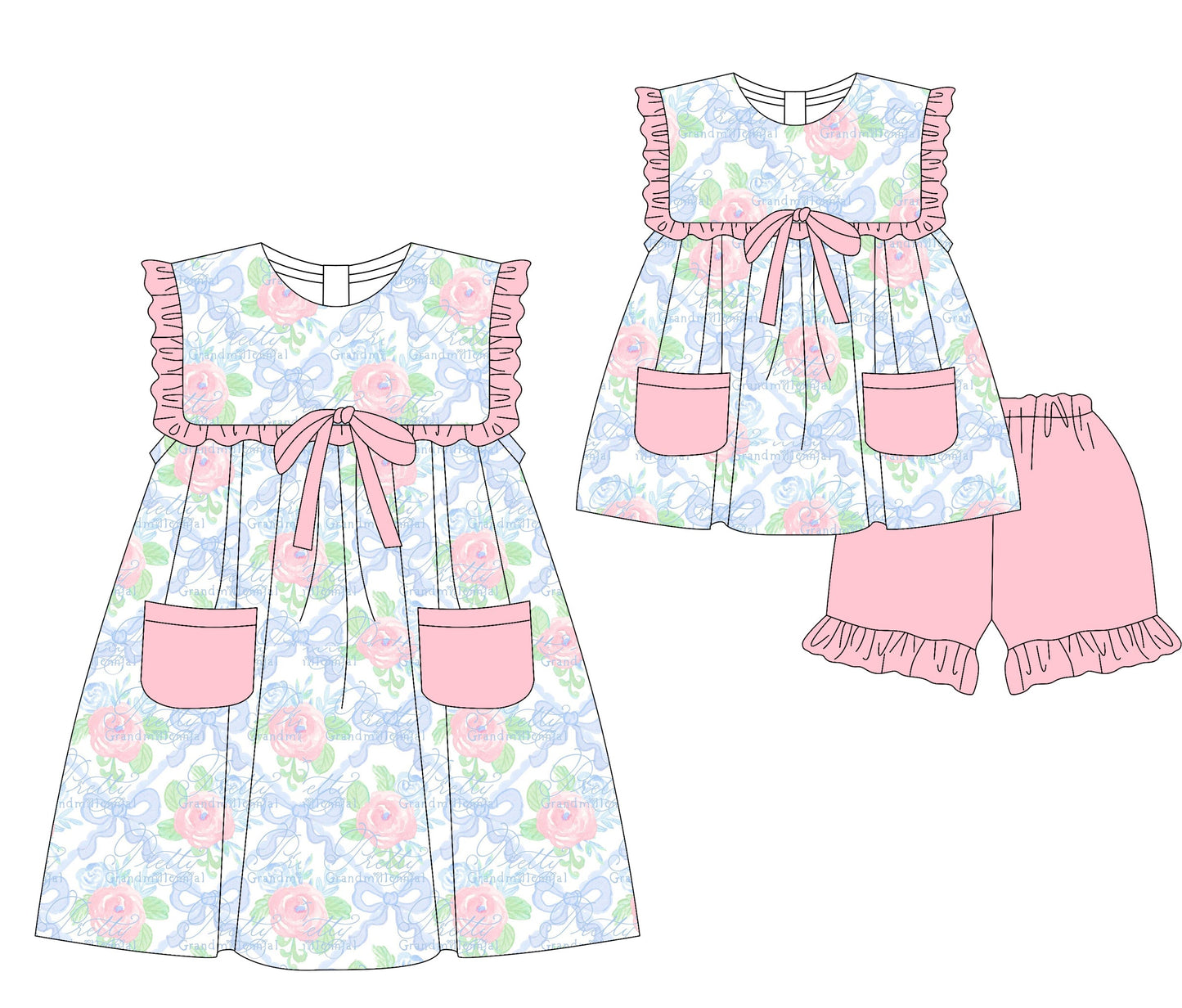 Baby Girl Flower Bows Pockets Sibling Dress Set ( Moq 5 Each Style ) 3.8