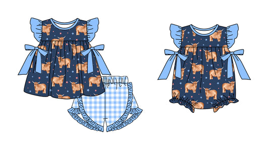 ( Moq 5 Each Style ) Baby Girl Short Sleeves Western Cow Bows Sibling Romper Set 3.25