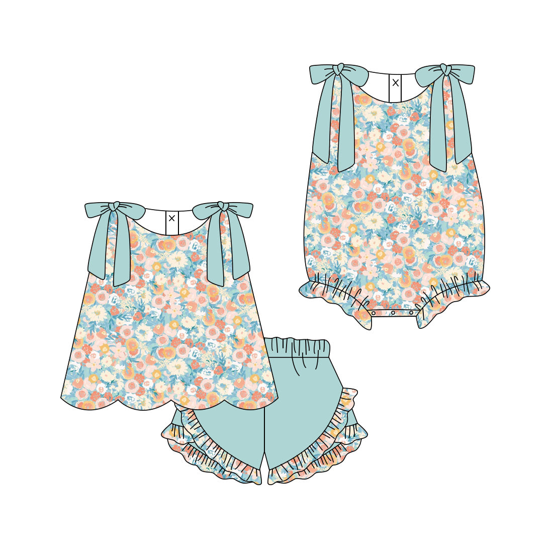 ( Moq 5 Each Style ) Sibling Baby Girls Kids Green Bows Flower Tops Shorts Summer Set Romper