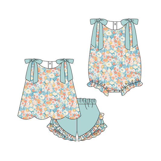 ( Moq 5 Each Style ) Sibling Baby Girls Kids Green Bows Flower Tops Shorts Summer Set Romper